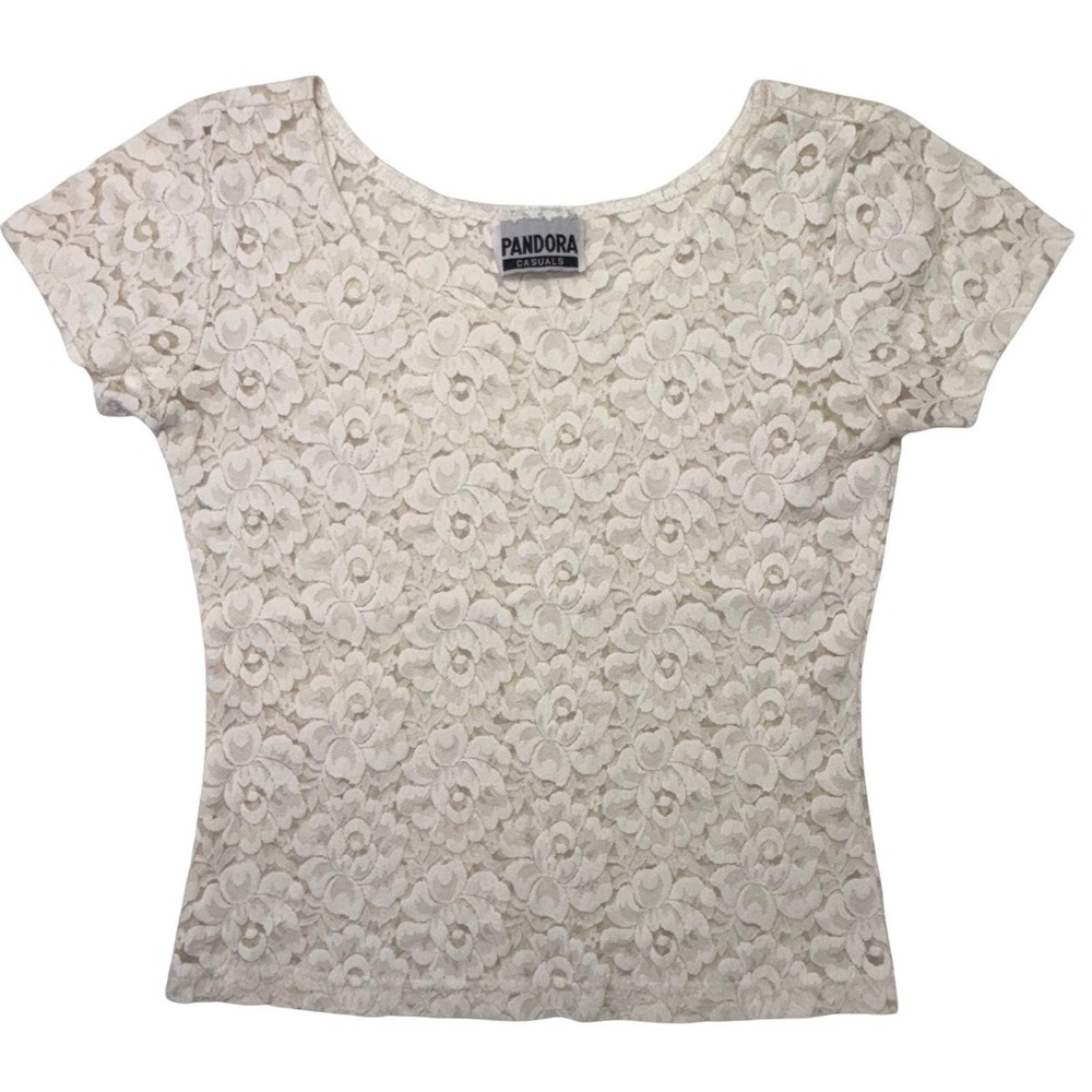 Vintage Pandora Casuals Floral Lace Top Ivory Cream Short Sleeve Women's XS/S